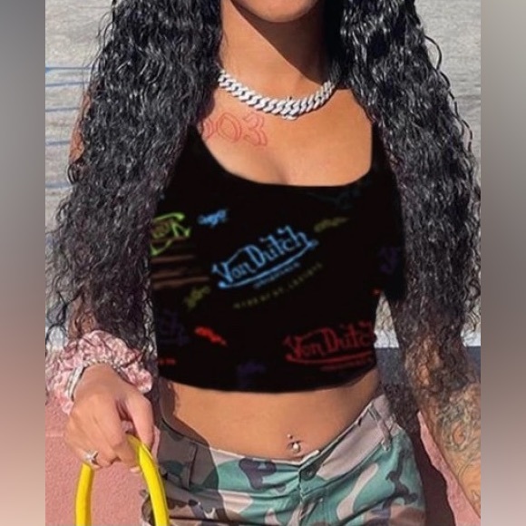 💋Sexy Von Dutch Colorful Print Graphics Crop Cami Tank Top - Picture 1 of 5